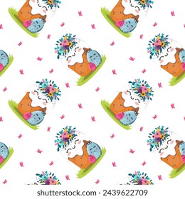  Easter kulich with a wreath of flowers. On light background for cards, banners, textiles. Vector illustration.