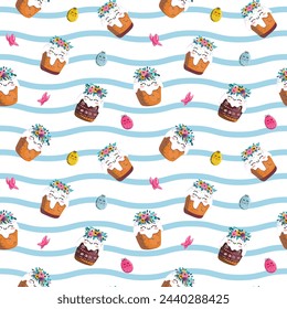 Easter kulich with a wreath of flowers. On light background for cards, banners, textiles. Vector illustration.