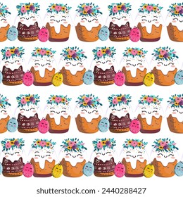 Easter kulich with a wreath of flowers. On light background for cards, banners, textiles. Vector illustration.