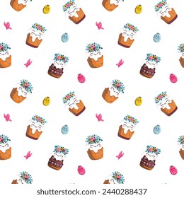 Easter kulich with a wreath of flowers. On light background for cards, banners, textiles. Vector illustration.