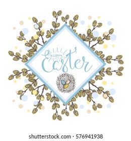 Easter label background.Cards,invitation,banners with verba,eggs,flowers and lettering hand drawn. Stock vector illustration.	
