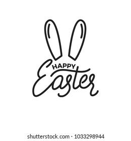 Easter. Label badge emblem of Happy Easter linear lettering and rabbit ears.