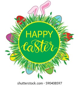 Easter label with banny and eggs. Happy easter stickers, pin, patch in cartoon comic style.