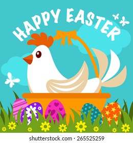 Easter label with chicken in basket and easter eggs