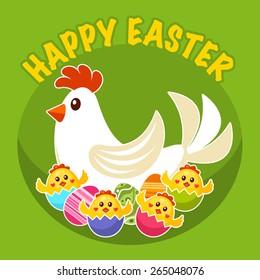 Easter label with chicken and chicks in broken eggs