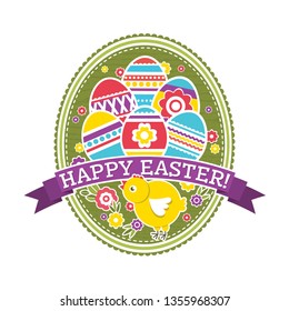 Easter label with color eggs, chicken and flowers. Holiday Easter greetings card. Print design, label, sticker, scrap booking, stamp, vector illustration