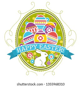 Easter label with color eggs, rabbit and flowers. Holiday Easter greetings card. Print design, label, sticker, scrap booking, stamp, vector illustration