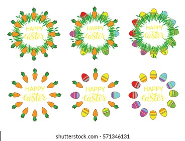 Easter label with eggs and carrots. Easter Decor template. Sticker set  funny easter. Set of stickers, pins, patches in cartoon comic style.