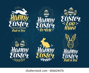 Easter, label set. Handwritten beautiful lettering to design greeting card. Vector illustration