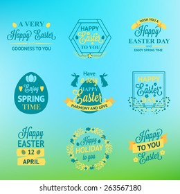 Easter labels and badges on blur background. Vector illustration