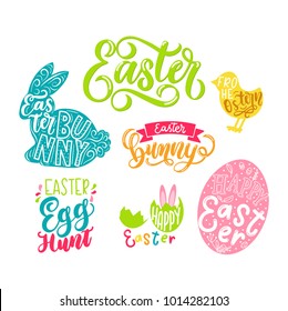 Easter labels set with lettering. Hand drawn elements for Easter design: bunny, egg hunt, chicken etc. Vector illustration.