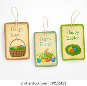 Easter labels in vintage style with easter eggs, basket, bunny, grass.  Vector Easter greetings illustration.