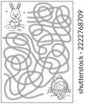 Easter labyrinth game and coloring book with maze for children. Find way for bunny. Education activity page and worksheet. Cartoon vector illustration.