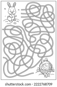 Easter labyrinth game and coloring book with maze for children. Find way for bunny. Education activity page and worksheet. Cartoon vector illustration.