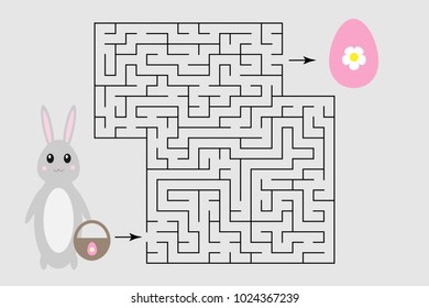 Easter labyrinth game, help the bunny to find a way out of the maze, cute cartoon character, preschool worksheet activity for kids, task for the development of logical thinking, vector illustration
