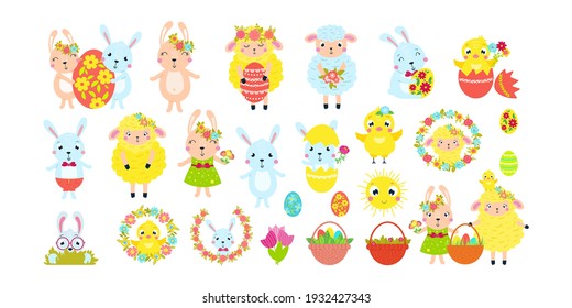 Easter lamb. Big set of holiday symbols in hand drawn style. Sheep, rabbit, chicken, basket of eggs. Suitable for postcards, invitations, posters.