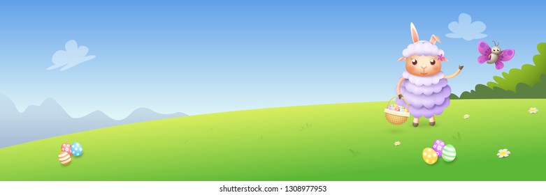 Easter lamb and butterfly hunting eggs - spring landscape background - banner vector illustration