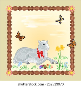 Easter lamb and daffodil Easter frame place for text vector illustration