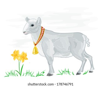 Easter lamb with daffodils vector illustration