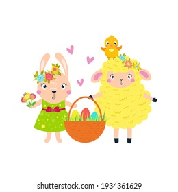 Easter lamb, rabbit chick carry a basket of eggs. Cute illustration in a hand-drawn style. Suitable for decorating cards, invitations, posters, prints.