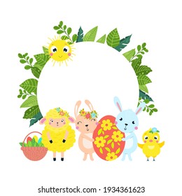 Easter lamb, rabbit and chicken with basket and egg. Round frame with place for text. Suitable for invitations, cards, labels.