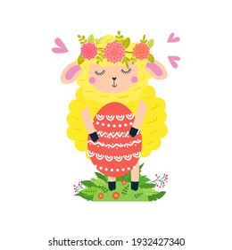 Easter lamb with a wreath of flowers is holding a large red egg. Cute illustration suitable for invitations, cards, prints.