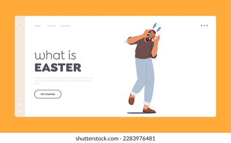 Easter Landing Page Template. Adult Man Playing and Fooling with Decorated Eggs. Easter Holiday Celebration, Eggs Hunt Concept. Male Character Prepare for Event. Cartoon People Vector Illustration