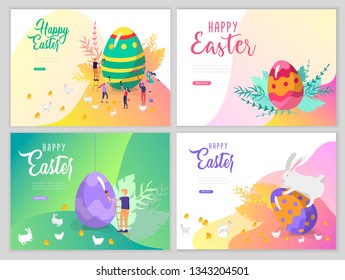 Easter landing page template with cartoon characters people paint painted eggs, cake, chicken and rabbit. Girl with bunny ears jumping and hold eggs. Vector Illustration Spring holiday design
