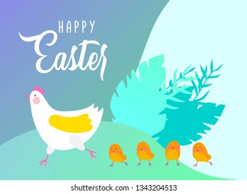 Easter landing page template with cartoon character chicken with painted eggs and rabbit. Vector Illustration celebration Spring holiday design