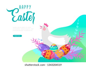Easter landing page template with cartoon character chicken with painted eggs and rabbit. Vector Illustration celebration Spring holiday design