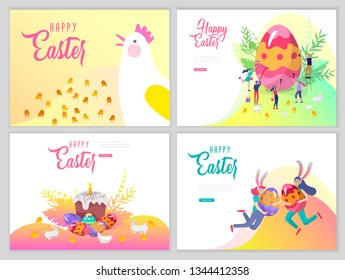 Easter landing page template with cartoon characters people paint painted eggs, cake, chicken and rabbit. Girl with bunny ears jumping and hold eggs. Vector Illustration Spring holiday design