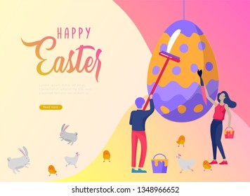 Easter landing page template with cartoon characters people paint painted eggs, cake, chicken and rabbit. Vector Illustration celebration Spring holiday design