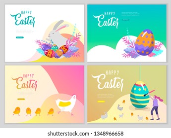 Easter landing page template with cartoon characters people paint painted eggs, cake, chicken and rabbit. Girl with bunny ears jumping and hold eggs. Vector Illustration Spring holiday design