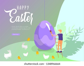 Easter landing page template with cartoon characters people paint painted eggs, cake, chicken and rabbit. Vector Illustration celebration Spring holiday design