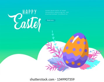 Easter landing page template with cartoon painted eggs and floral elements Vector Illustration Spring holiday celebration design.