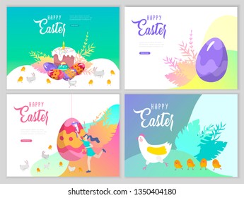 Easter landing page template with cartoon characters people paint painted eggs, cake, chicken and rabbit. Girl with bunny ears jumping and hold eggs. Vector Illustration Spring holiday design