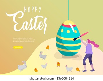 Easter landing page template with cartoon characters people paint painted eggs, cake, chicken and rabbit. Vector Illustration celebration Spring holiday design