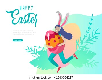 Easter landing page template with cartoon characters people with painted eggs and rabbit. Girl with bunny ears jumping and hold eggs. Vector Illustration Spring holiday celebration design