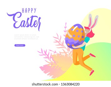 Easter landing page template with cartoon characters people with painted eggs and rabbit. Girl with bunny ears jumping and hold eggs. Vector Illustration Spring holiday celebration design