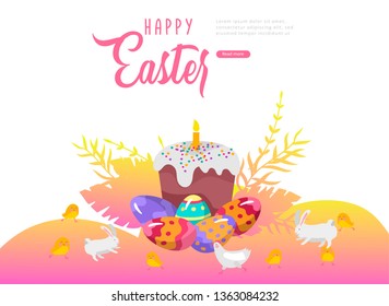 Easter landing page template with cartoon paint painted eggs and Easter cake, chicken and rabbit. Vector Illustration Spring holiday celebration design