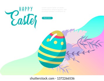 Easter landing page template with cartoon painted eggs and floral elements Vector Illustration Spring holiday celebration design.
