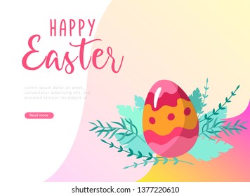 Easter landing page template with cartoon painted eggs and floral elements Vector Illustration Spring holiday celebration design.