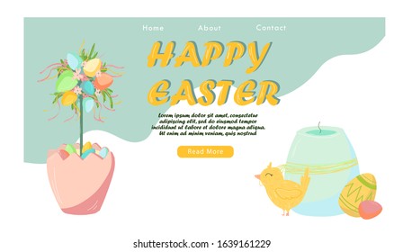 Easter landing page template with chicken and rabbit.Vector Illustration Spring holiday design, banner, web concept