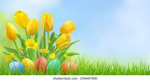 Easter landscape background with yellow tulips and colorful Easter eggs, yellow flowers and a butterfly in the meadow. Horizontal banner with place for text. Vector illustration