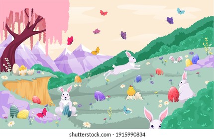 Easter. Landscape with bunnies, chickens, butterflies. Garden for Easter egg hunt. Cartoon animals on colourful natural background. Happy spring holidays. Vector. Flat.