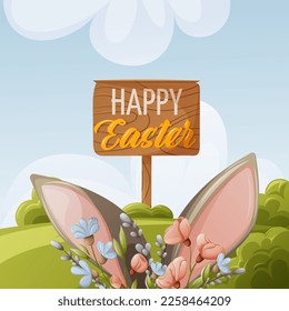 Paisaje de Pascua. Orejas de conejo, flores y ramas de sauce. Ilustración vectorial para la fiesta religiosa de primavera. Cartel, cartel, postal, libro infantil