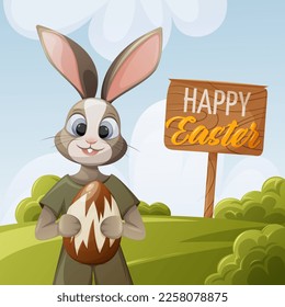 Easter landscape. The bunny holds a large painted egg in its paws. Vector illustration in cartoon style. For banner, postcard, kids book