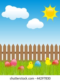 Easter landscape: colored aggs in green grass, cartoon chikens, white clouds and shiny sun. Vector illustration