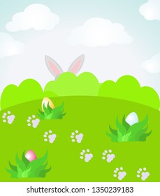 Easter landscape with ears that stick out from behind bushes. Juicy spring colors of greenery and sky. Vector illustration for easter design, cards and greetings.
