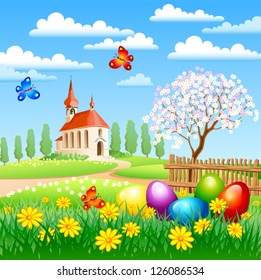 Easter landscape with eggs, flowers, butterflies and church